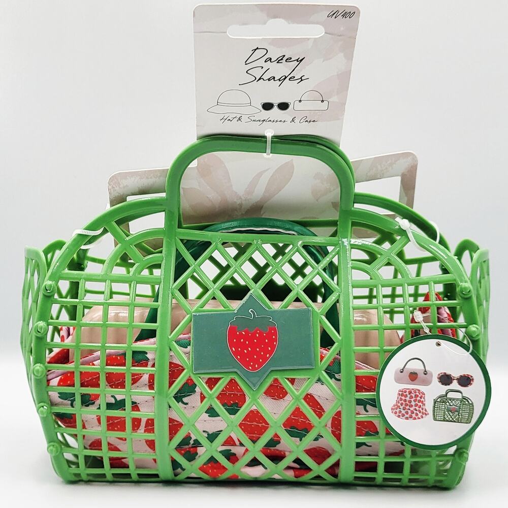 NWT Dazey Shades Green & Pink Strawberry Bucket Hat Sunglasses Case Jelly Bag